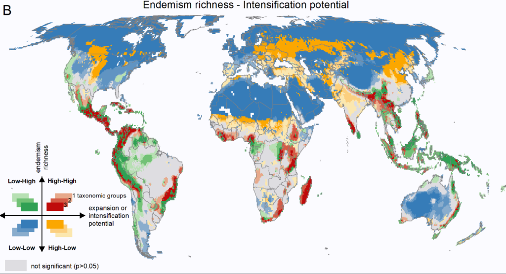 Cropland expansion and intensification should be minimal in regions with high endemism richness - the red zones.