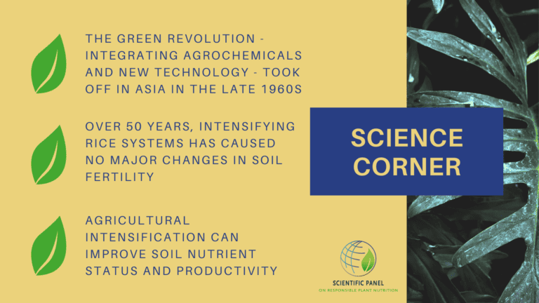 The Green Revolution - the integration of new technology and agrochemicals - took off in Asia in the late 1960s. Over 50 years, intensification of rice systems has cause no major negative changes in soil fertility. Instead, agricultural intensification can improve soil nutrient status and productivity