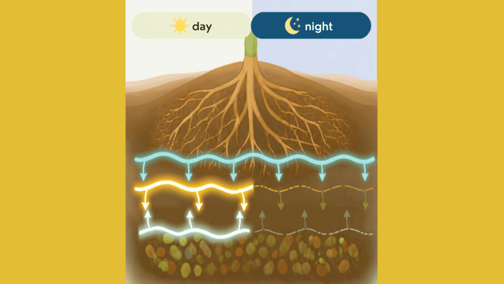 How a circadian regulator keeps rice root nitrogen uptake and rhizosphere microbial nitrogen mineralization on the same day/night schedule, via two root-exuded signal molecules.